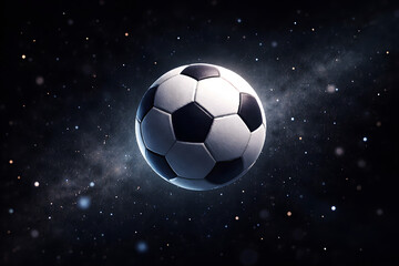 Fototapeta premium A luminous soccer ball floats amidst a cosmic backdrop of stars and swirling nebulous clouds high quality