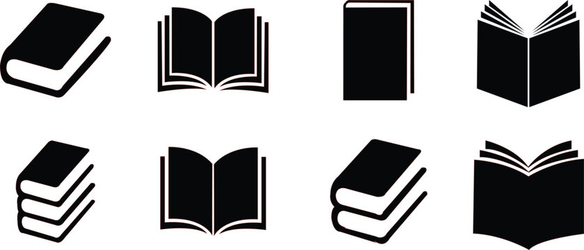 Collection of black book icons open and closed on white background books