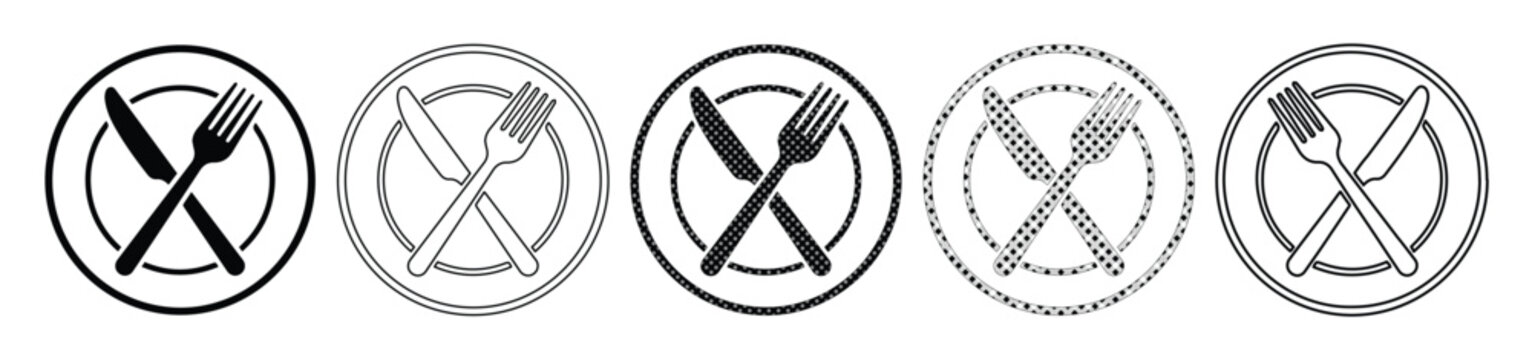 Minimalist restaurant icons set, 5 black and grey cutlery vector elements, crossed knife and fork on plate symbols for dining and food service
