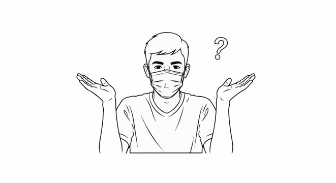 Masked individual shrugs, question mark implies confusion or uncertainty