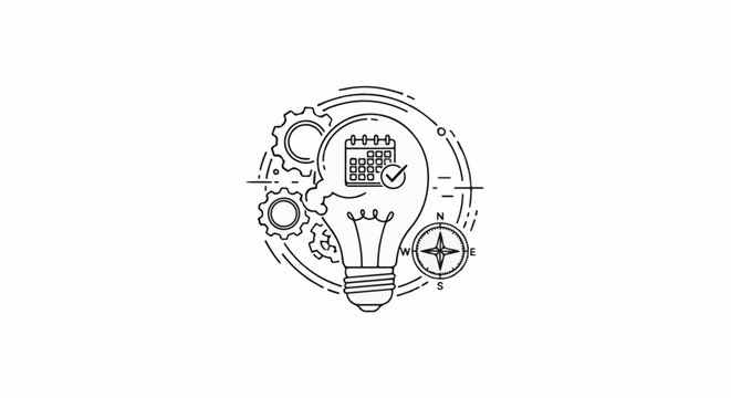 Lightbulb with gears, calendar, and compass symbolizing planning and innovation