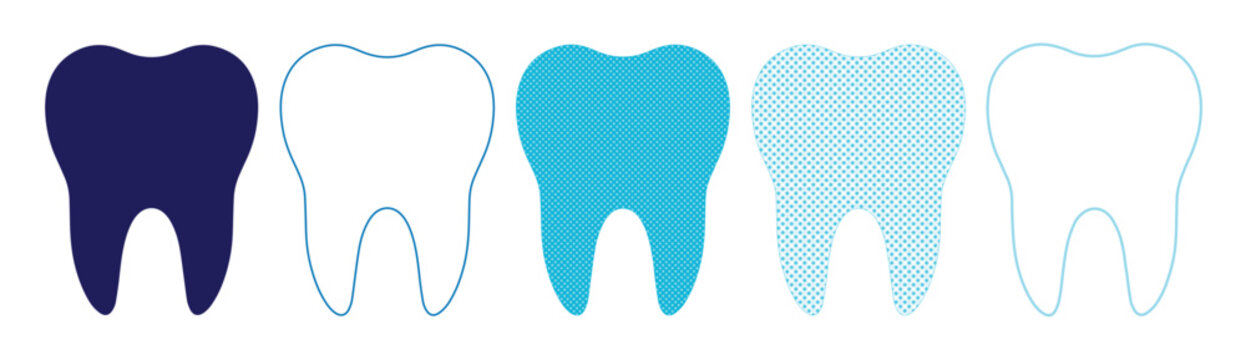 Minimalist dental tooth icons in blue gradient shades, set of 5 molar teeth vector graphics, professional dentistry and oral health symbols