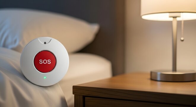 Emergency sos call button on bedside with glowing status indicator light