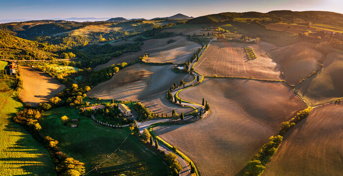 Winding cypress road in Val d'Orcia Tuscany, Monticchiello, Italy.