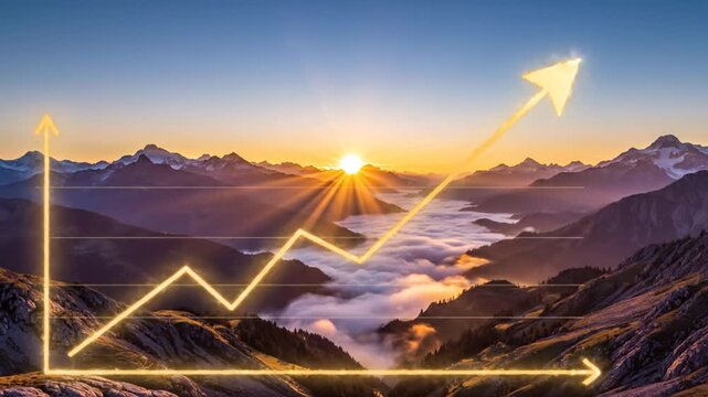 Business growth graph superimposed on majestic mountain sunrise