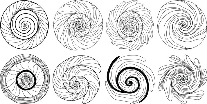 Set of hand drawn organic spiral swirl icons with intricate line art and floral mandala patterns for elegant branding and texture designs