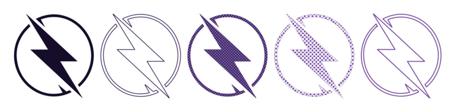 Minimalist lightning bolt icons in purple circles, set of 5 electric power symbols, modern thunderbolt vector graphics for energy branding