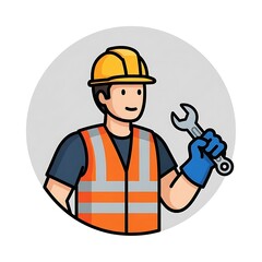 Fototapeta premium A construction worker, with a hard hat, reflective vest, and gloves, holds a wrench. The circular illustration is on a gray backdrop