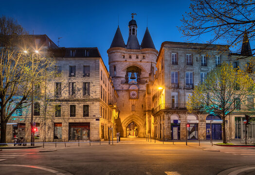 Bordeaux, France -  view of Porta de la Campana medieval city gate at dusk