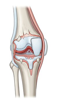 Detailed Knee Joint Anatomy Illustration with Ligaments and Cartilage.