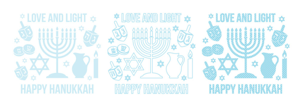 Hanukkah greeting card vector set, light blue Jewish holiday icons with menorah and dreidel, Love and Light Happy Hanukkah typography collection
