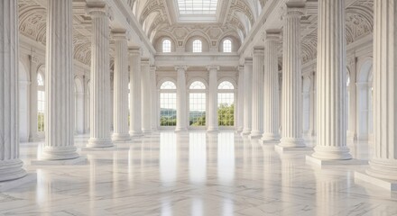 Fototapeta premium Grand white marble hall with ornate columns and natural light streaming in