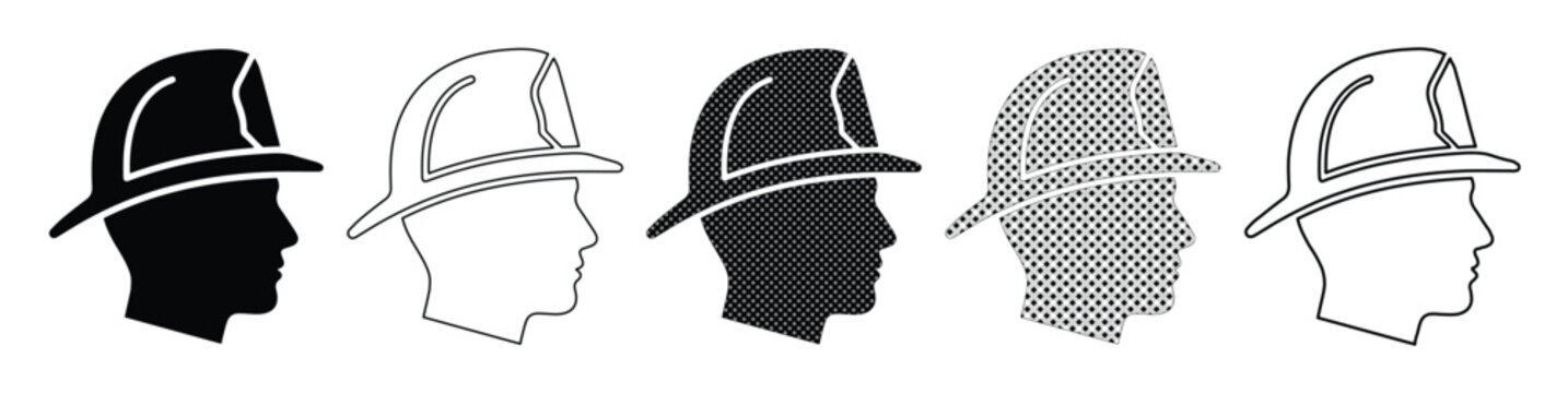 Firefighter helmet icons set, firefighter head profile vector collection, emergency responder safety gear symbols, black and white fire department graphics