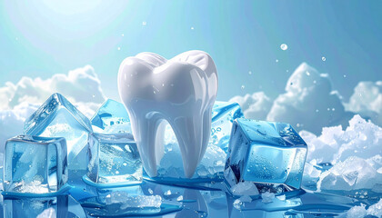 Obraz na płótnie Canvas Tooth with ice cubes on blue background
