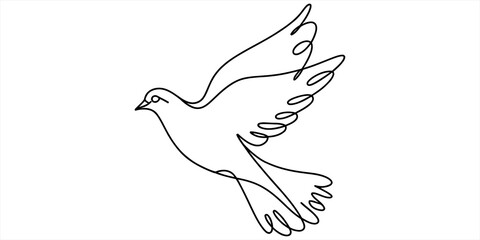 A minimalist single line drawing of a flying dove symbolizing peace and freedom in black and white Vector, illustration © Kanu Art_Gallery