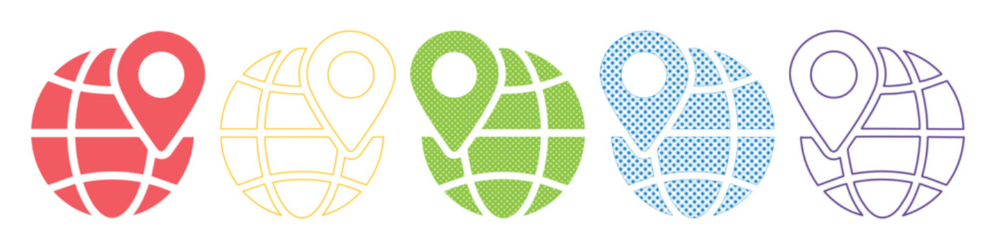 Minimalist globe location icons with map pin markers, colorful world earth symbols in flat vector style, set of 5 navigation and travel web elements