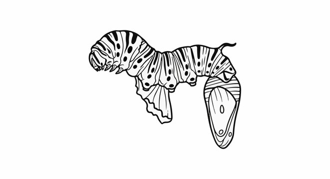 Line art of a caterpillar with butterfly wings attached