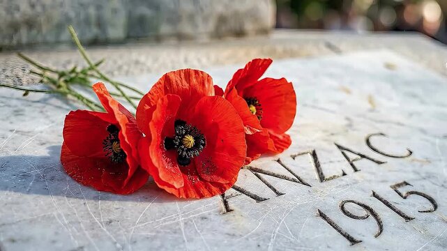 Red poppy flowers resting on engraved memorial stone with Anzac date inscription, symbolizing remembrance, sacrifice, honor, and tribute to fallen soldiers with solemn atmosphere and historic meaning.