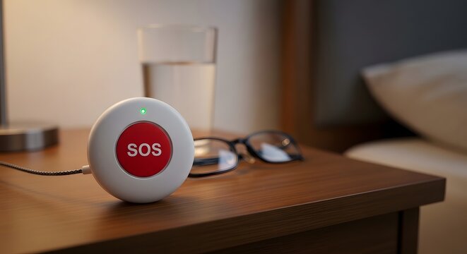 SOS emergency call button with glasses on nightstand.