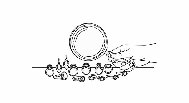 Hand holding magnifying glass inspecting collection of rings and jewelry