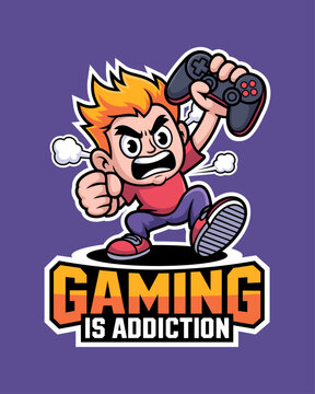 An angry, orange-haired gamer boy vector with the phrase "Gaming is addiction."