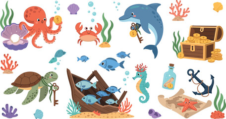 Underwater treasure collection with dolphin octopus turtle fish chest coins map anchors cartoon marine illustration set © Mominul