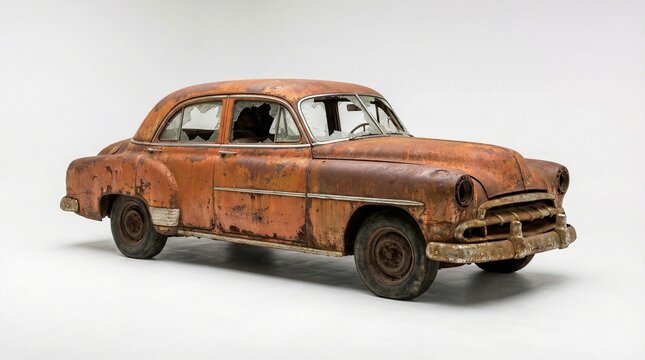 An abandoned classic car vector illustration, severely rusted with shattered windows and missing headlights, depicting automotive decay.