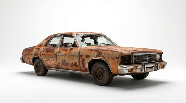 Vector graphic illustration of a severely rusted vintage sedan, abandoned and decayed, featuring a broken windshield and missing headlight on a clean background.