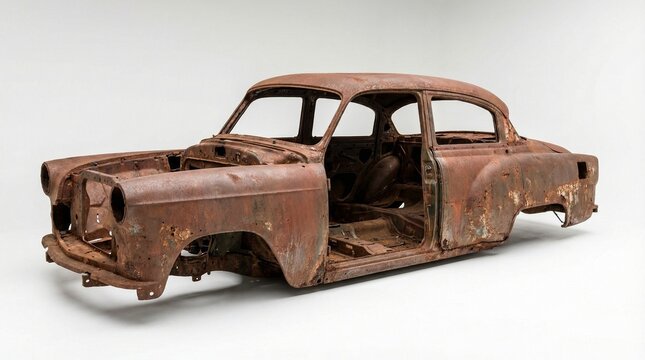 Old weathered rusty metal car body frame illustration isolated on a white background for retro automotive restoration design projects
