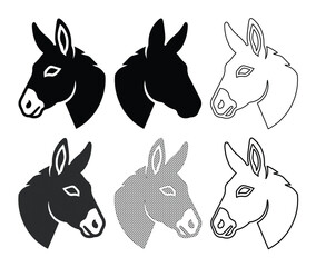 Fototapeta premium Donkey head vector icons set, minimalist mule profile silhouettes and line art, 6 farm animal head elements for logo design and branding