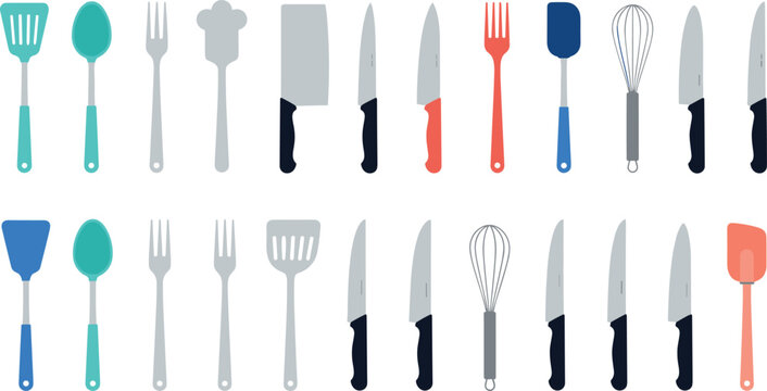 Cartoon Cooking Tools Set with Knives, Forks, Spatulas, Whisk, and Spoons for Culinary Illustration Design
