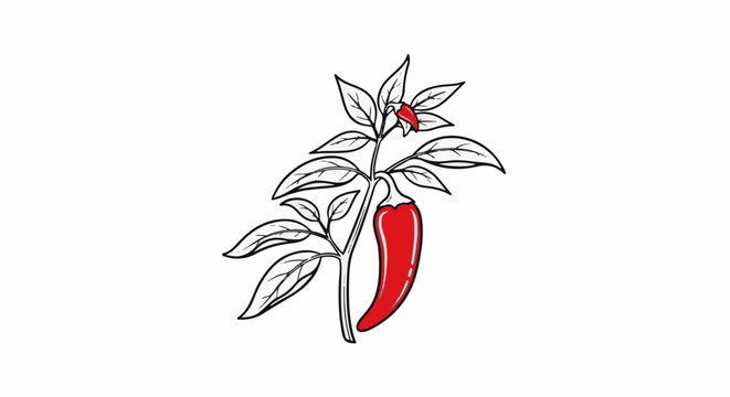 Hand-drawn illustration of a red chili pepper on a plant with leaves