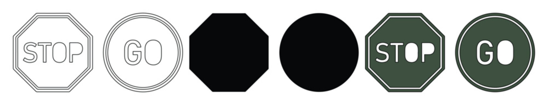 Minimalist stop and go traffic sign icons, set of 6 vector road safety symbols, octagonal and circular warning signs in black and grey