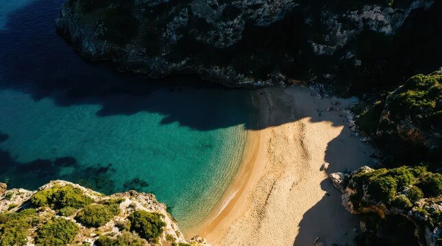 Secluded cove beach framed by cliffs and turquoise water aerial