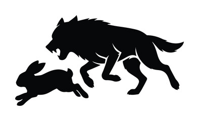 Naklejka premium Aggressive wolf chasing rabbit silhouette, black predator and prey wildlife vector, hunting scene with growling wolf and running hare