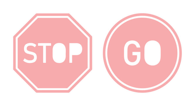 Pastel pink stop and go traffic signs, set of 2 flat vector icons, octagon and circle road sign symbols for web design and social media UI