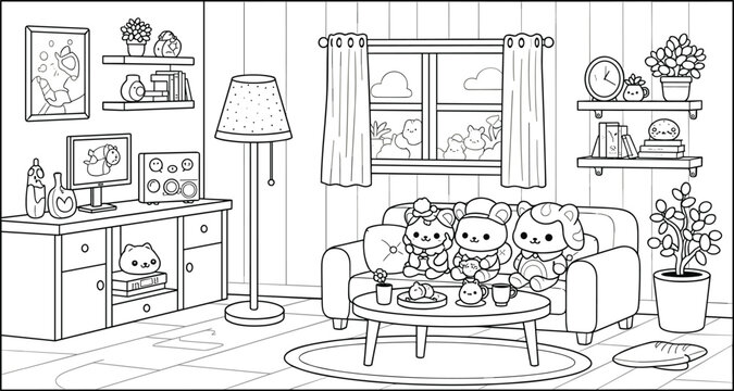 Kawaii kitten coloring page and colorful character set with cute cats sitting on grass with flowers for children educational activity book vector illustration