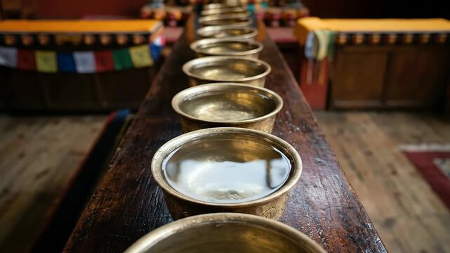 Altar vessel line on weathered timber in Tibetan temple. Altar vessel holds water amidst rising incense smoke and golden statues. Sacred spiritual sanctuary.