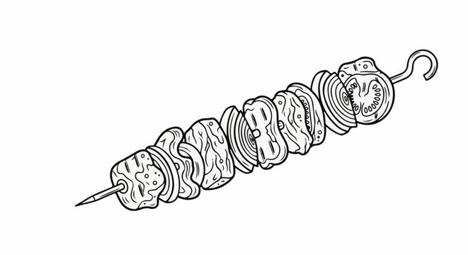 Line art sketch of a skewer with meat and onion slices, ready for cooking