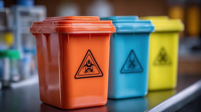 Focused view of a trio of colorcoded bins for sharps biohazard and chemical waste in a small workspace with the sharps bin front and center others softly faded.