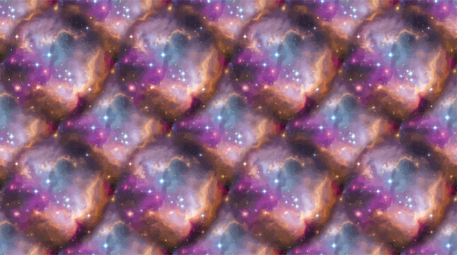 A seamless pattern of vibrant galaxies and nebulae, rendered with swirling colors of purple, pink, and orange, evokes a sense of cosmic wonder and exploration.
