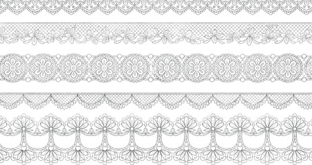 Vintage lace borders collection with intricate floral patterns black and white decorative trim ornamental seamless design set © Mominul