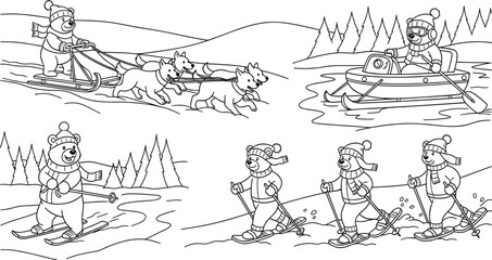 Obraz premium Winter Bear Adventures with Sled Dogs, Snow Skiing, and Snowmobile Fun in a Snowy Holiday Landscape