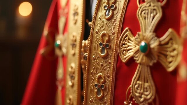 Orthodox priest golden vestment embroidery with cross pattern detail
