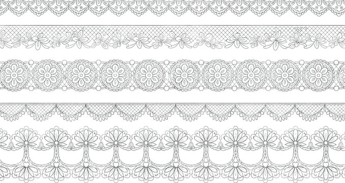 Vintage lace borders collection with intricate floral patterns black and white decorative trim ornamental seamless design set