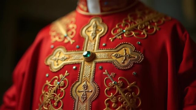 Orthodox priest golden vestment embroidery with cross pattern detail