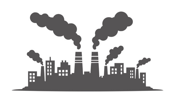 Industrial factory silhouette emitting dark smoke against white pollution