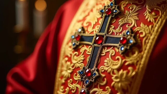 Orthodox priest golden vestment embroidery with cross pattern detail