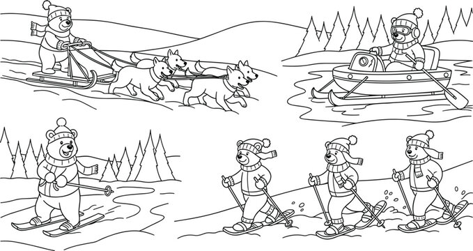 Winter Bear Adventures with Sled Dogs, Snow Skiing, and Snowmobile Fun in a Snowy Holiday Landscape