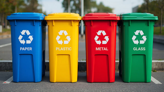 Four colored recycling bins for paper plastic metal and glass